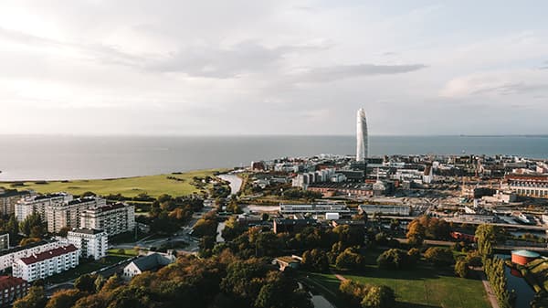 A view across Malmo and the Oresund sea with the Turning Torso impeding the sky